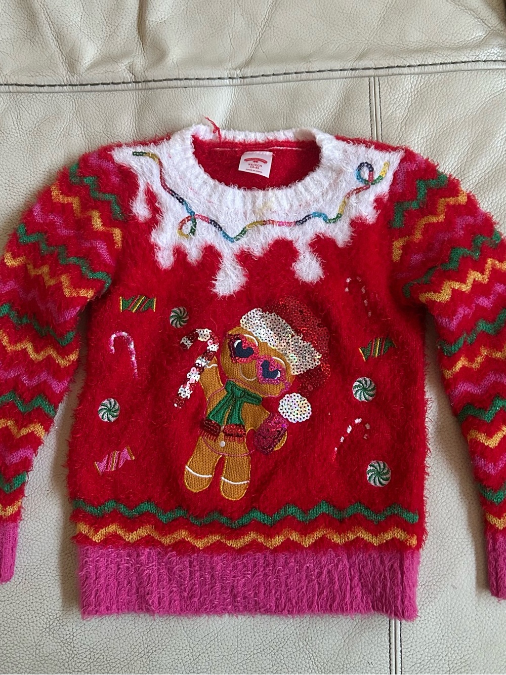 Girls Festive Red Gingerbread Sweater with Pink Accents, Size XS 4/5